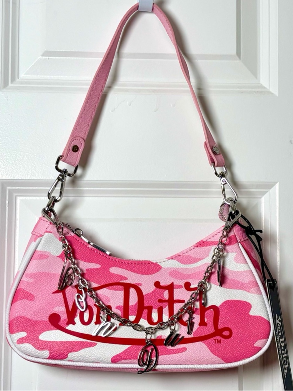Von Dutch Pink Camouflage Shoulder Handbag with Chain Link Charms